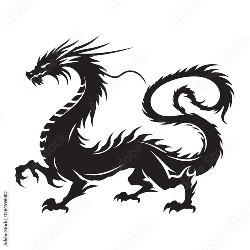 Classic Dragon silhouette illustrating the legendary beast in motion - Dragon illustration - Dragon vector - mythical creature silhouette
