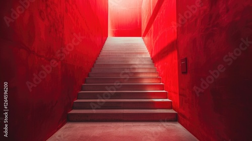 Striking red staircase leading to illuminated space