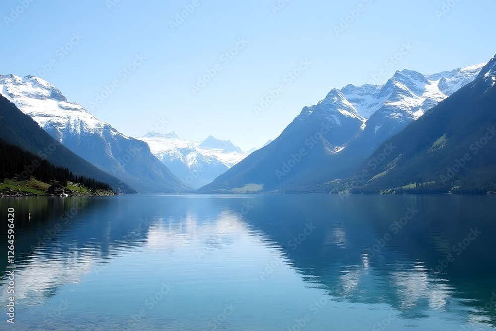 Serene mountain lake reflection under clear blue sky Serene mountain lake reflection under clear blue sky