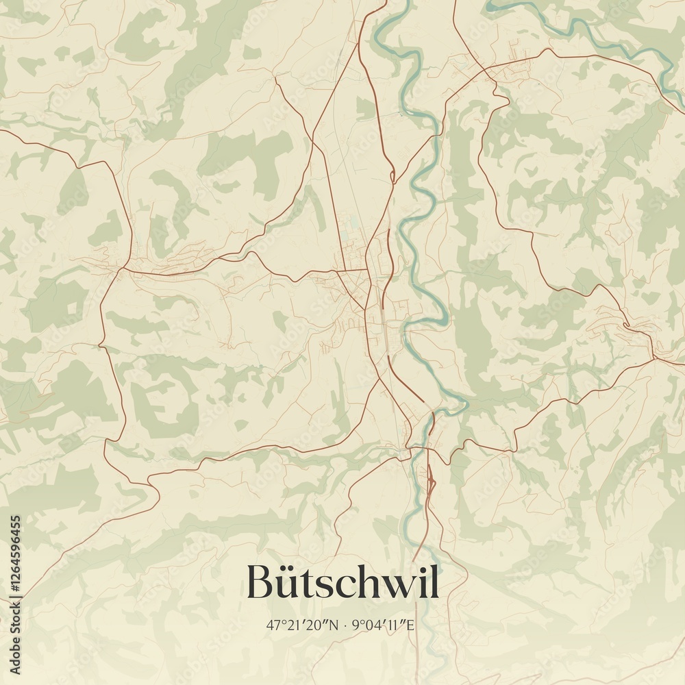 Fototapeta premium Vintage map of Bütschwil, Switzerland.