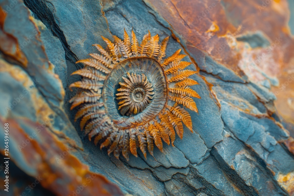 A fossilized ammonite encircled by a fern, embedded in layered rock, showcasing vibrant colors and textures. A fossilized ammonite encircled by a fern, embedded in layered rock, showcasing vibrant colors and textures.