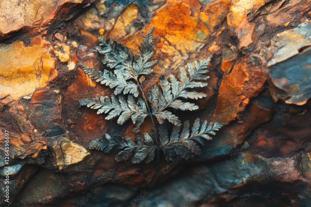 A delicate, dried fern frond rests on a vibrant, multicolored rock surface. A delicate, dried fern frond rests on a vibrant, multicolored rock surface.