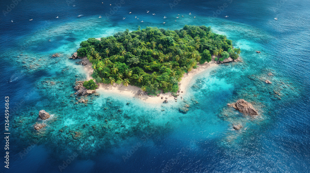 Remote island surrounded by crystal-clear waters, with tropical fish visible beneath the surface Remote island surrounded by crystal-clear waters, with tropical fish visible beneath the surface