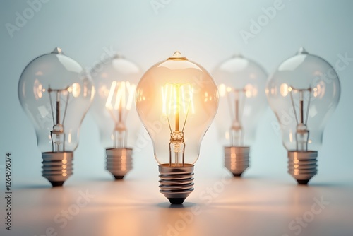 Illuminated light bulb among others in soft focus background