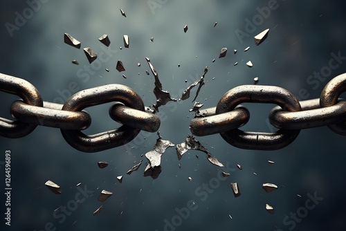 Breaking metal chain in dramatic motion with flying debris