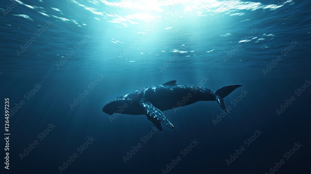 A humpback whale glides peacefully through the deep ocean. A humpback whale glides peacefully through the deep ocean.