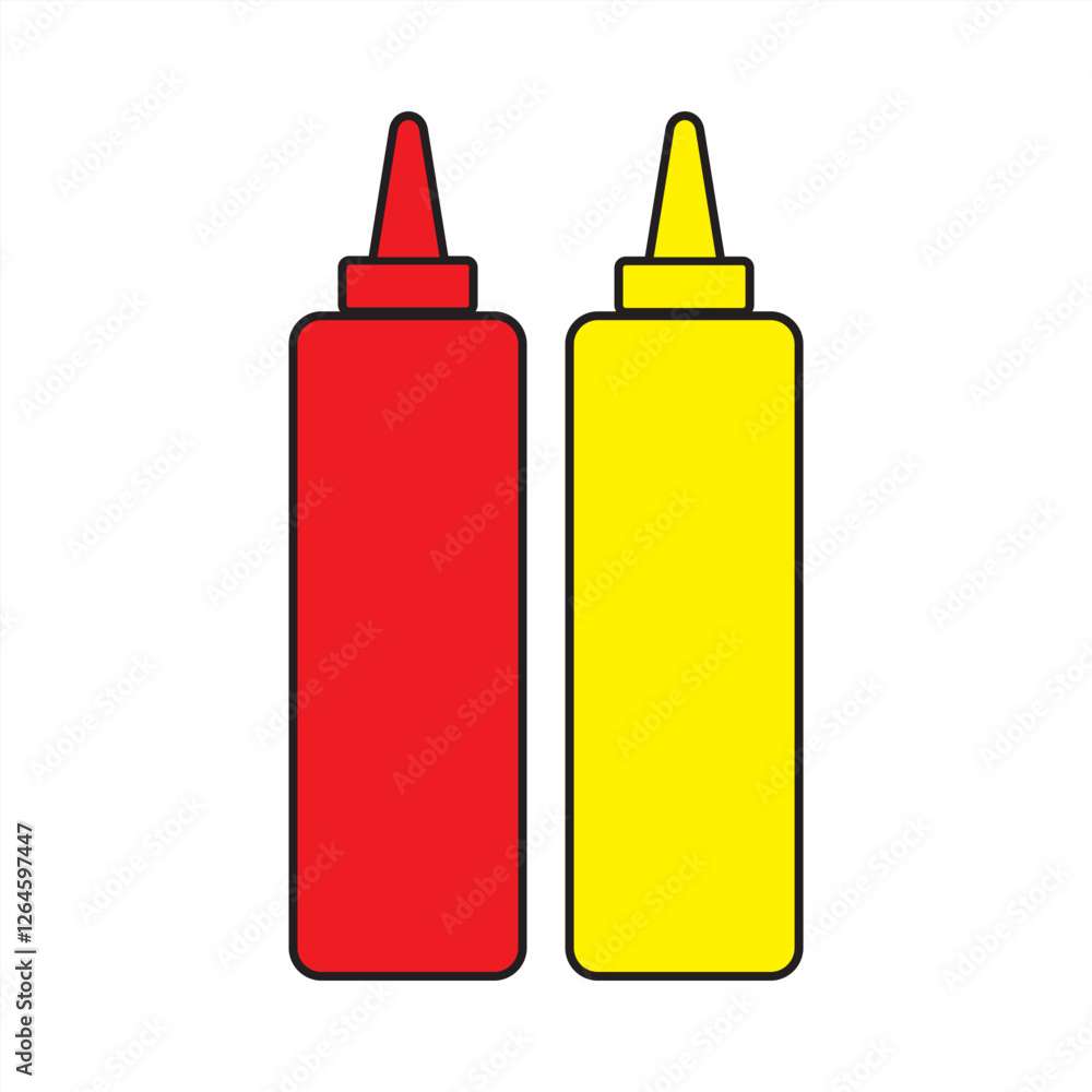 Sause in bottle icon on white background. Ketchup and mustard sign. symbol. Colored flat design. Sause in bottle icon on white background. Ketchup and mustard sign. symbol. Colored flat design.