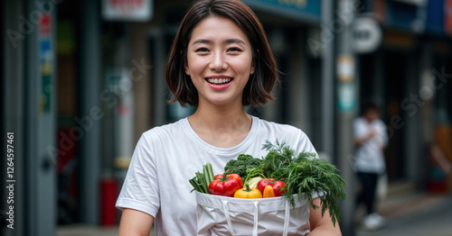 woman shop food meal bag vegetable cooking buying organic 