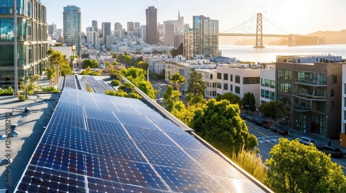 Solar Panels on Rooftop with City Skyline at Sunset in San Francisco