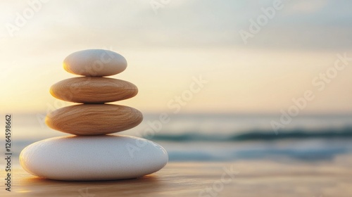 Stacked stones on beach at sunrise, peaceful zen
