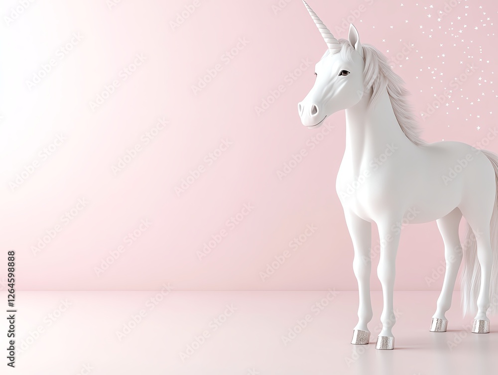 Elegant white unicorn on a soft pink background, embodying magic and fantasy. Elegant white unicorn on a soft pink background, embodying magic and fantasy.