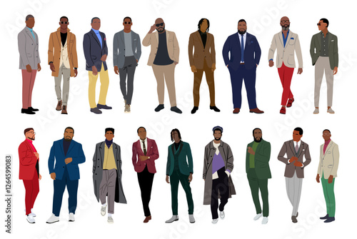 Set of black business men characters standing, walking. Handsome african american businessmen in formal suit, tuxedo and smart casual office outfits. Vector realistic illustrations isolated