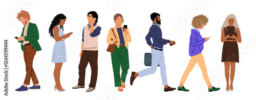 Set of different people using mobile phones. Business men and women holding smartphones, texting, talking, watching news. Group of male, female cartoon characters Vector realistic illustrations.