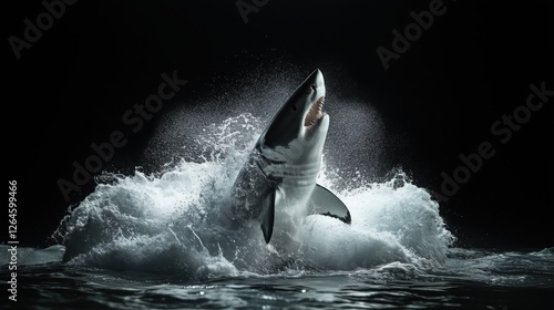 A great white shark leaps from the ocean in a dramatic breach.