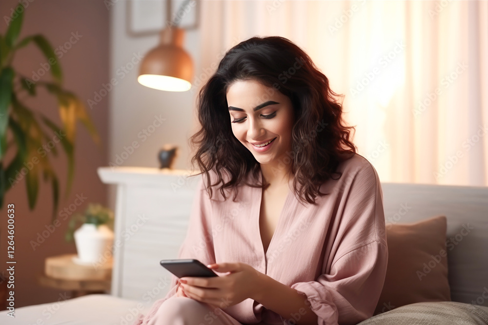 young woman sitting on sofa using smartphone young woman sitting on sofa using smartphone