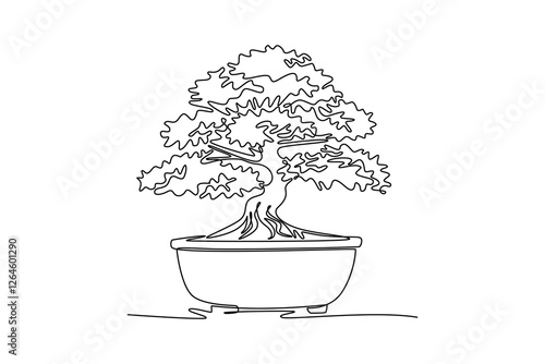 Single one line drawing beautiful and exotic Japan bonsai tree. Decorative old small banyan tree concept for home decor wall art poster. Modern continuous line draw design graphic vector illustration