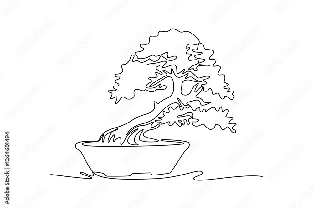 Single one line drawing of old beauty and exotic miniature bonsai tree. Decorative banyan plant concept for agriculture exhibition logo. Modern continuous line draw design graphic vector illustration Single one line drawing of old beauty and exotic miniature bonsai tree. Decorative banyan plant concept for agriculture exhibition logo. Modern continuous line draw design graphic vector illustration