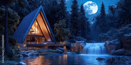 A frame house nestled beside a tranquil forest waterfall photo