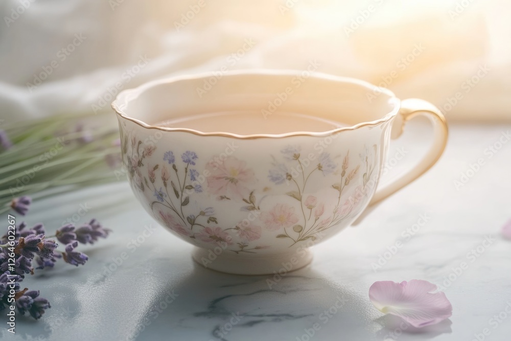 A floral teacup filled with tea, sits on a marble surface with lavender and rose petals nearby. A floral teacup filled with tea, sits on a marble surface with lavender and rose petals nearby.