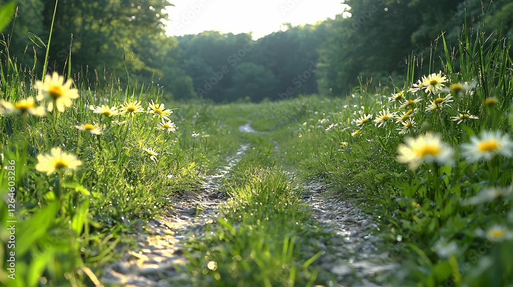 Obraz premium Gravel path winds through a lush green meadow filled with blooming white wildflowers under bright natural daylight.