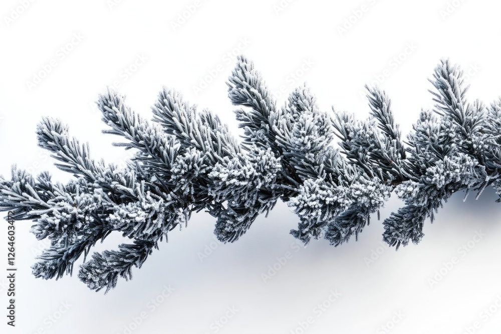 Fototapeta premium Snow-covered pine branch isolated on white background, winter scene.