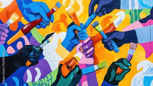 Colorful hands holding paintbrushes, collaborative art.