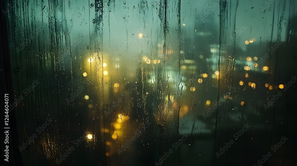 Naklejka premium Blurred City Lights Through a Rain-Streaked Window on a Gloomy Night