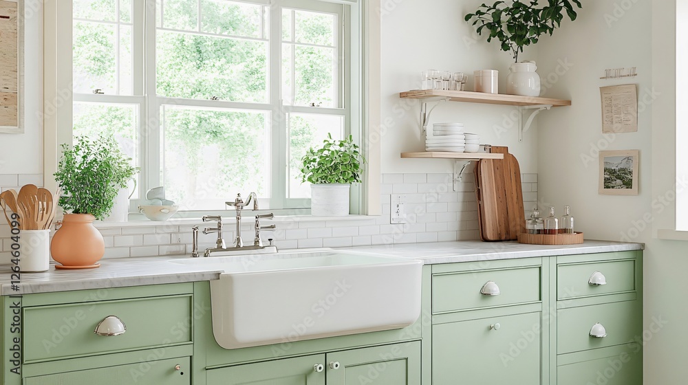 Serene Sage Green Kitchen Interior with Farmhouse Style Details Serene Sage Green Kitchen Interior with Farmhouse Style Details