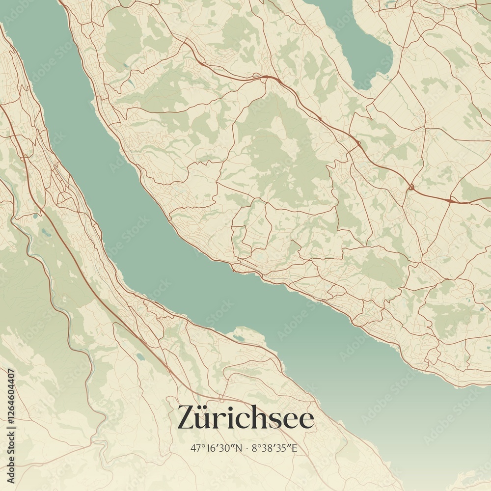 Fototapeta premium Vintage map of Zürichsee, Switzerland.