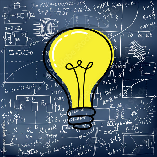 Mathematical equations and formulas around the light bulb on gray background - vector illustration. Science.