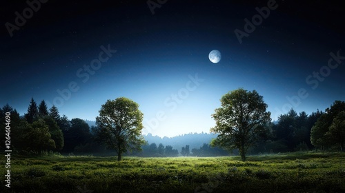 Pixel Art Night Landscape With Moonlit Trees And Starry Sky