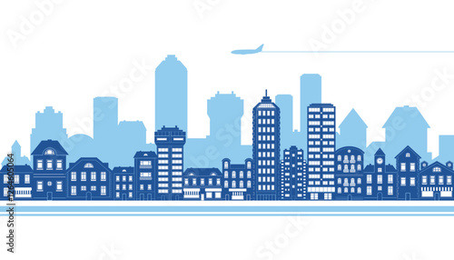 City skyline blue. Vector illustration in silhouette. City. Urban skyline. Cityscape. Building material set. Landscape view. Day night city. panorama with blue.