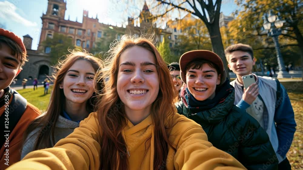 Group of Joyful Friends Taking a Selfie in a Vibrant Autumn Park, Celebrating Friendship and Youthful Energy Group of Joyful Friends Taking a Selfie in a Vibrant Autumn Park, Celebrating Friendship and Youthful Energy