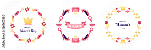 March 8 Women's Day Round 3 frames collection. Different Elements on white background. Vector illustration.