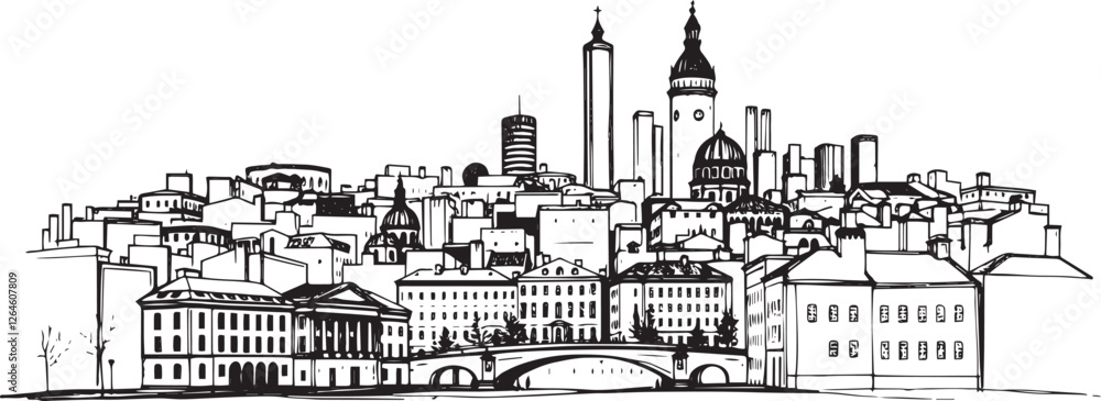 Fototapeta premium City landscape. Different buildings on street, outline cityscape hand sketch, flat houses. Hand drawn vector illustration