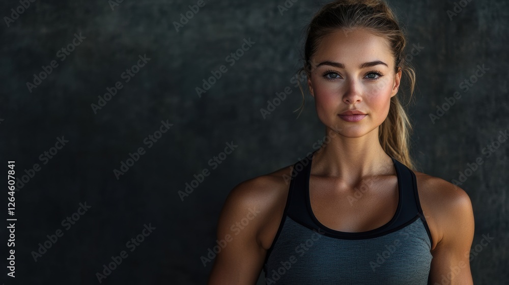Taking a confident stance in fitness attire at the gym setting Taking a confident stance in fitness attire at the gym setting