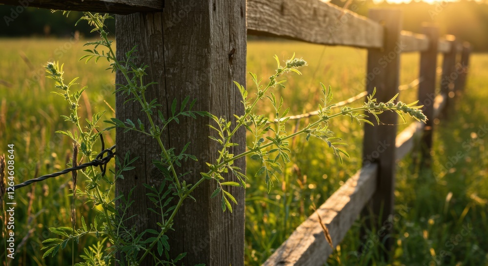Fototapeta premium Sunlit wooden fence adorned with green vines, set in a serene grassy field at sunset