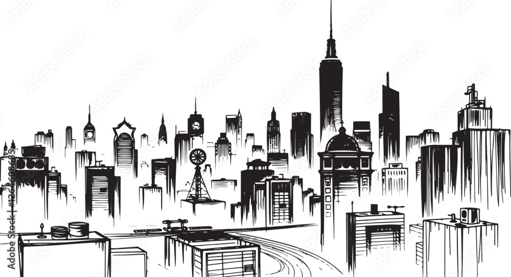 Fototapeta premium City landscape. Different buildings on street, outline cityscape hand sketch, flat houses. Hand drawn vector illustration