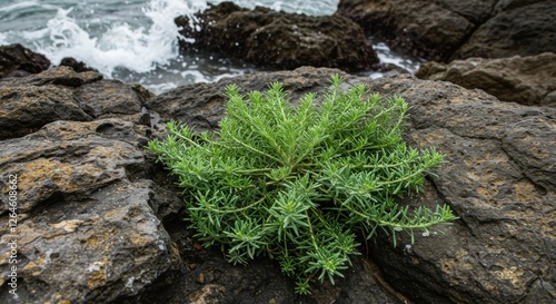 Lush green plant thriving on rugged coastal rocks with waves crashing in the background photo