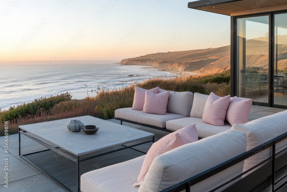 Modern Outdoor Living, Still Life of a Stylish California Lounge with Ocean Views Modern Outdoor Living, Still Life of a Stylish California Lounge with Ocean Views
