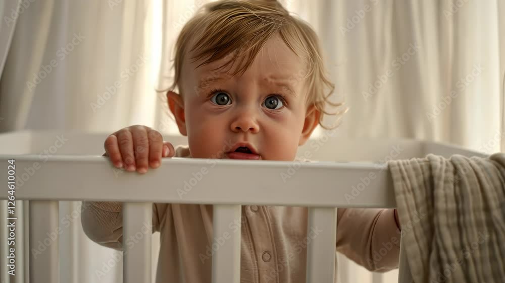 Adorable Baby with Curly Hair Looking Curiously Over Crib Rail in Softly Lit Nursery with Gentle Textiles Adorable Baby with Curly Hair Looking Curiously Over Crib Rail in Softly Lit Nursery with Gentle Textiles
