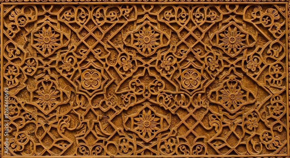 Intricate Wood Carving Wall with Geometric Floral Pattern and Artistic Details Intricate Wood Carving Wall with Geometric Floral Pattern and Artistic Details