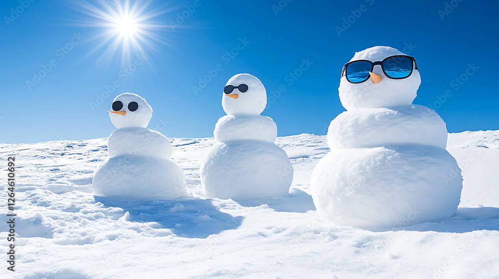 Three Snowmen Chilling with Sunglasses Under a Sunny Winter Sky Landscape Photography Three Snowmen Chilling with Sunglasses Under a Sunny Winter Sky Landscape Photography