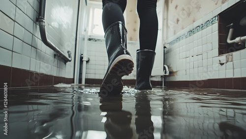 Flooded bathroom, person walking through water