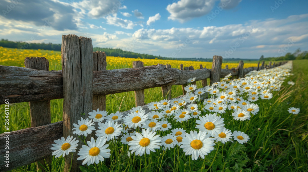 Fototapeta premium Field of daisies with a rustic fence stretching into the distance