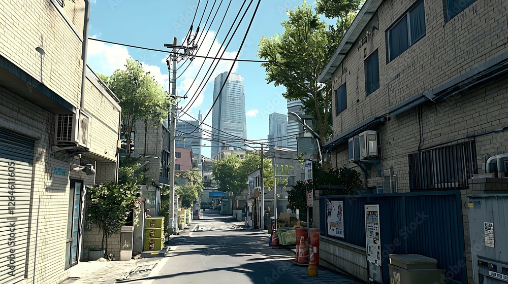 Sunlit City Alleyway in Japan: A Narrow Street Between Residential Buildings Sunlit City Alleyway in Japan: A Narrow Street Between Residential Buildings