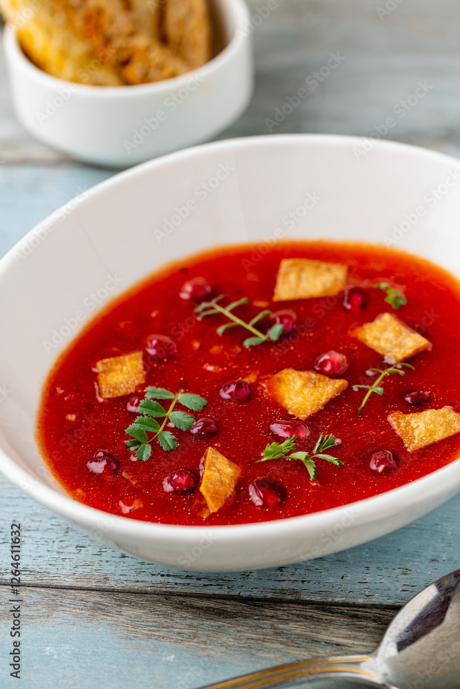 Red soup with pomegranate seeds, croutons, and fresh herbs in a bowl Red soup with pomegranate seeds, croutons, and fresh herbs in a bowl