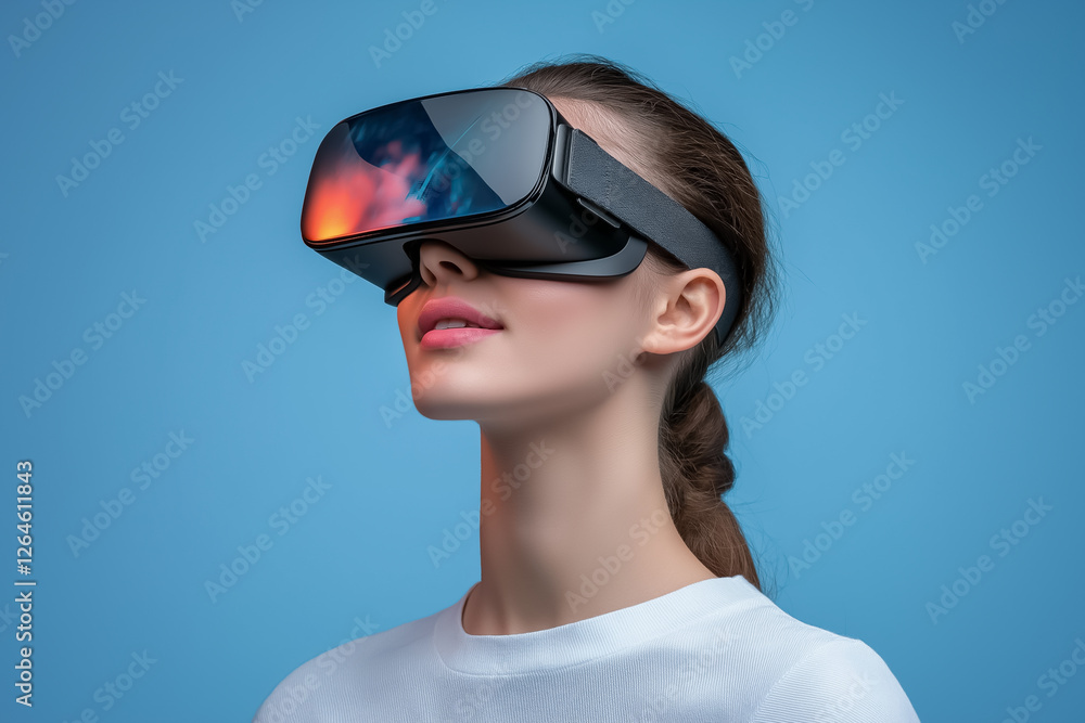 A close-up of a face wearing VR glasses, with vibrant reflections of the virtual world visible, on plain background A close-up of a face wearing VR glasses, with vibrant reflections of the virtual world visible, on plain background
