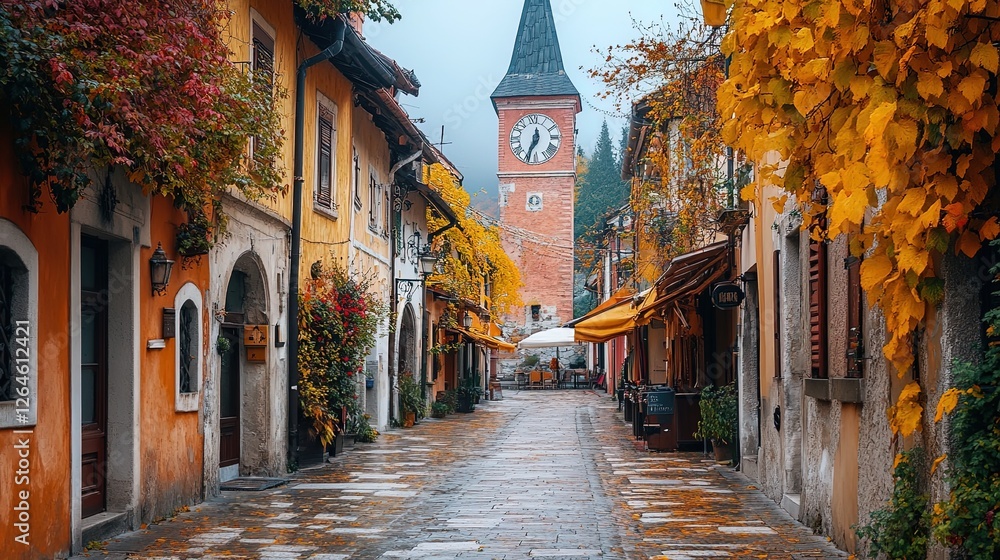 Fototapeta premium Classic clock tower in a charming European town square