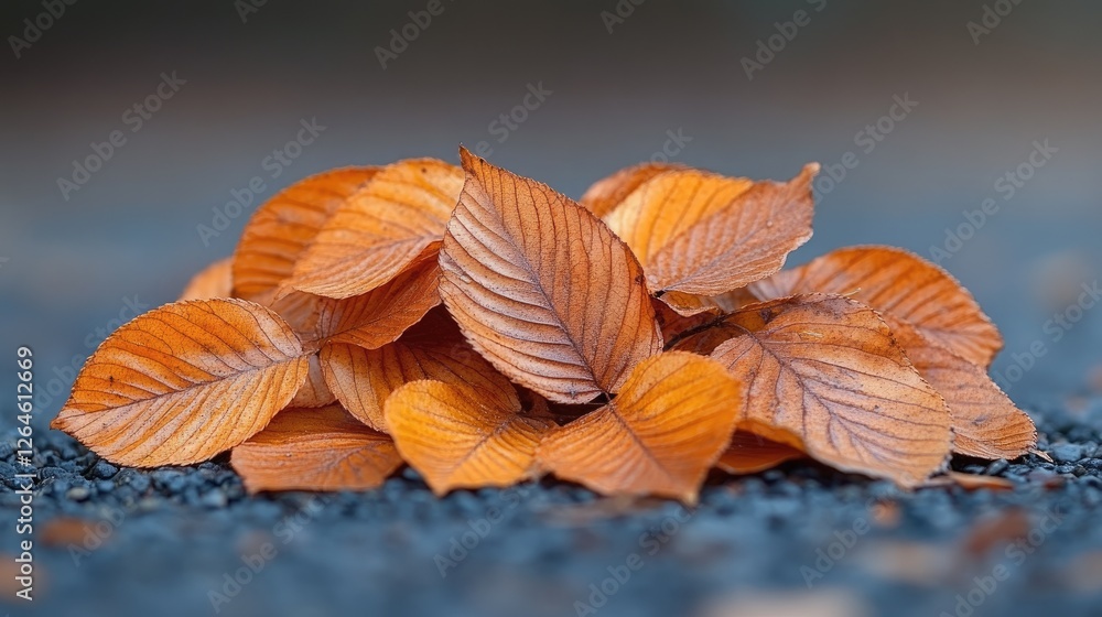 A vibrant pile of autumn leaves resting on a gravel surface with a blurred background A vibrant pile of autumn leaves resting on a gravel surface with a blurred background
